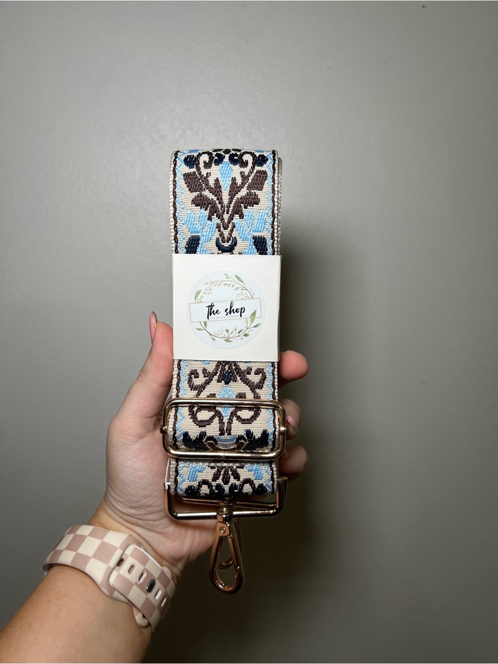 Adjustable Floral Jacquard Bag Strap in Light Blue & Brown - Picture 1 of 2